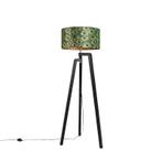 Vloerlamp tripod zwart met kap pauw dessin 50 cm - Puros, Verzenden, Nieuw, Hout, Classic-antique