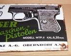 Emailleschild Mauser Westentasche Pistole Cal. 6,35 30 x 20, Antiek en Kunst