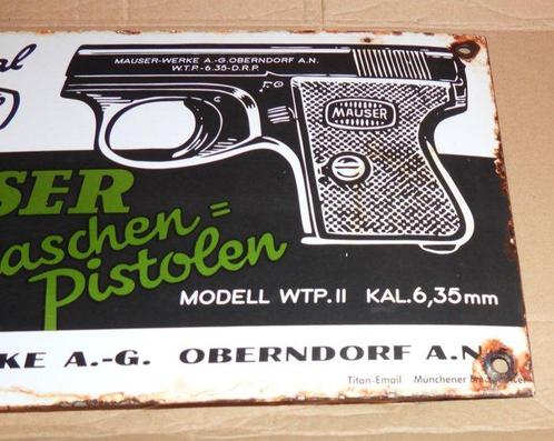 Emailleschild Mauser Westentasche Pistole Cal. 6,35 30 x 20, Antiek en Kunst, Antiek | Wandborden en Tegels