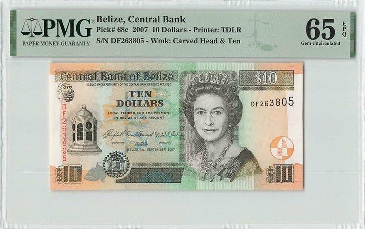 2007 Belize P 68c 10 Dollars Pmg 65 Epq, Postzegels en Munten, Bankbiljetten | Europa | Niet-Eurobiljetten, Verzenden