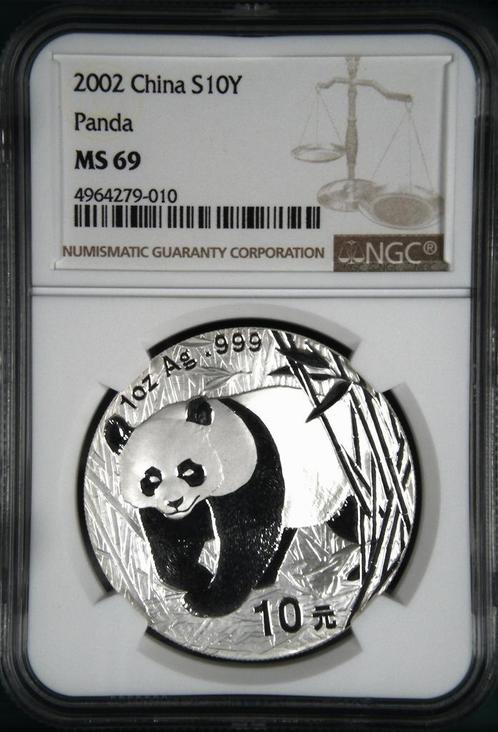 Chinese Panda 1 oz 2002 NGC MS69 gecertificeerd, Postzegels en Munten, Munten | Azië, Oost-Azië, Losse munt, Zilver, Verzenden