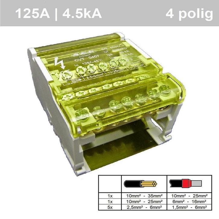 SEP verdeelblok 4 polig 125A 7 aansluitingen - CVT 0407, Doe-het-zelf en Verbouw, Elektra en Kabels, Ophalen of Verzenden