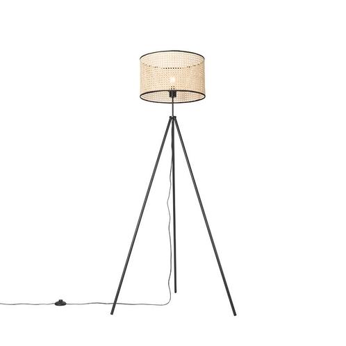Landelijke vloerlamp tripod zwart met rotan kap - Kata, Huis en Inrichting, Lampen | Vloerlampen, Nieuw, Overige materialen, 150 tot 200 cm