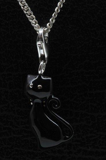 Zilveren Kat zittend zwart hanger en/of bedel, Sieraden, Tassen en Uiterlijk, Bedels, Verzenden