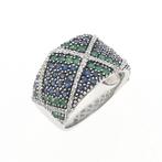 Witgouden ring met saffier, smaragd en diamant | Ca. 0,28..., 18 tot 19, Gebruikt, Overige kleuren, Ophalen of Verzenden