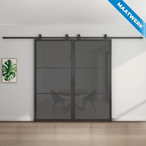 Dubbele stalen Schuifdeuren - 3 Vlaks - Maatwerk - Rook glas, Doe-het-zelf en Verbouw, Kozijnen en Schuifpuien, Nieuw, Inclusief glas