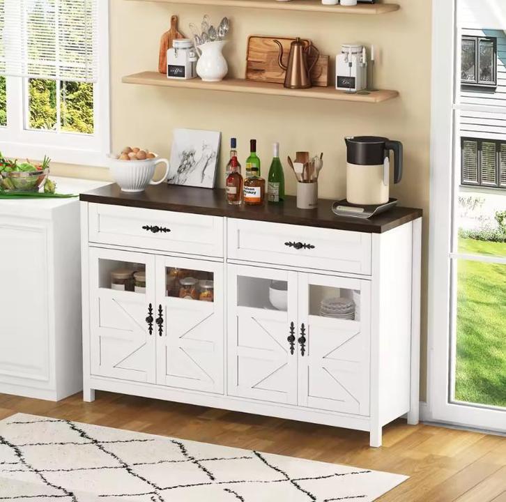 Witte buffetkast met glasdeuren, laden en opbergruimte, Huis en Inrichting, Kasten | Buffetkasten, Nieuw, Verzenden