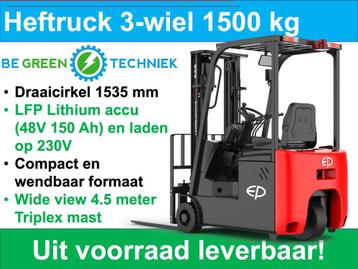 Heftruck | 1500 kg | 3-wiel | 4.5M Triplex Freelift | Li-ion