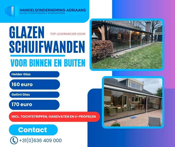 Glazenschuifwand, Tuin en Terras, Overkappingen, Nieuw, Ophalen of Verzenden