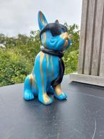 Beeld, garden statue dog color black with gold paint color -