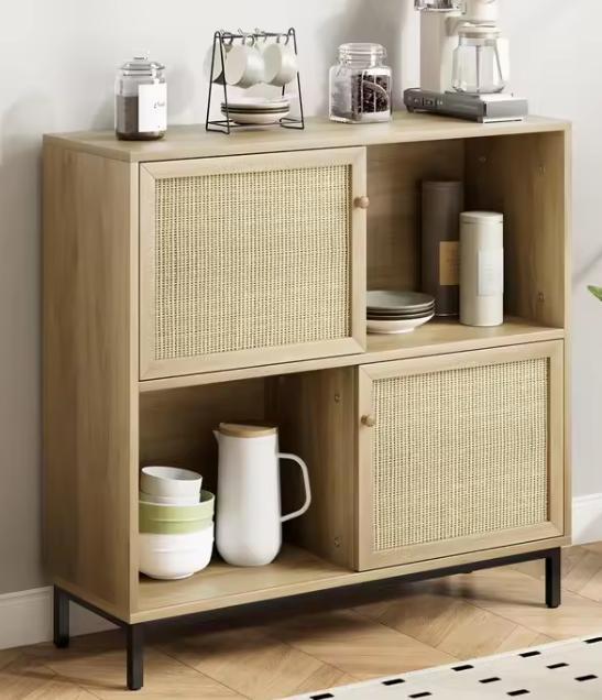 Rotan Dressoir met Schuifdeur – Kast met 4 Open Vakken, Huis en Inrichting, Keuken | Keukenelementen, Nieuw, Verzenden