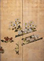 Byôbu  (vouwscherm) - Zijde, goudkleurig zilverblad,