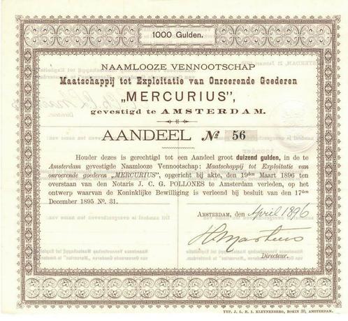 Mij. tot Explotatie  van Onroerende Goederen MERCURIUS-1896, Postzegels en Munten, Aandelen en Waardepapieren, Aandeel, Voor 1920