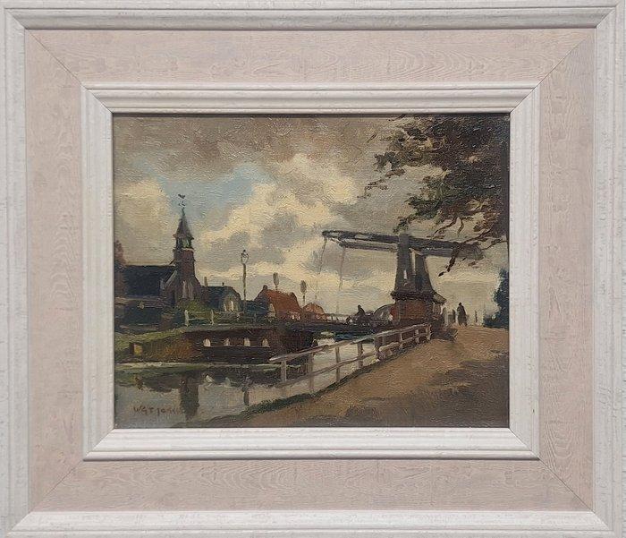 W.G.F. Jansen (1871-1949) - Zicht op dorp met ophaalbrug, Antiek en Kunst, Kunst | Schilderijen | Klassiek