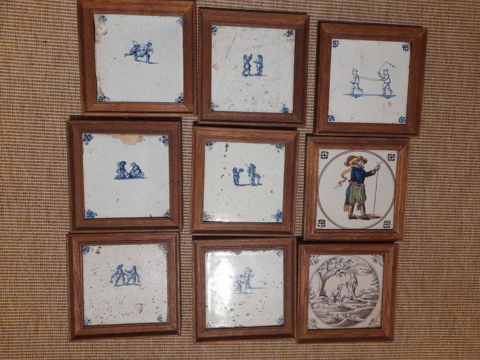 Tegel (9) - 7 delftsblauwe tegeltjes met kinderspelen en 2, Antiek en Kunst, Antiek | Glas en Kristal