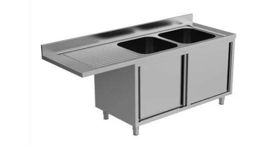 RVS Wastafel, Spoeltafel met 2 wasbakken en 2 schuifdeuren,, Zakelijke goederen, Kantoor en Winkelinrichting | Winkel en Inventaris