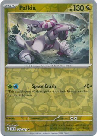 Palkia 136/191 reverse holo surging sparks, Hobby en Vrije tijd, Verzamelkaartspellen | Pokémon, Losse kaart, Nieuw, Foil, Ophalen of Verzenden
