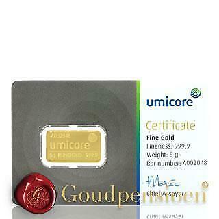 5 Gram Umicore Goudbaar met Certificaat 999,9 Puur Goud, Postzegels en Munten, Edelmetalen en Baren, Goud, Ophalen of Verzenden