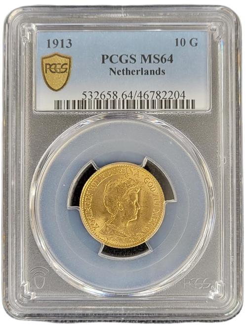 Gouden Wilhelmina 10 gulden 1913 MS64 gecertificeerd PCGS, Postzegels en Munten, Munten | Nederland, Losse munt, 10 gulden, Koningin Wilhelmina
