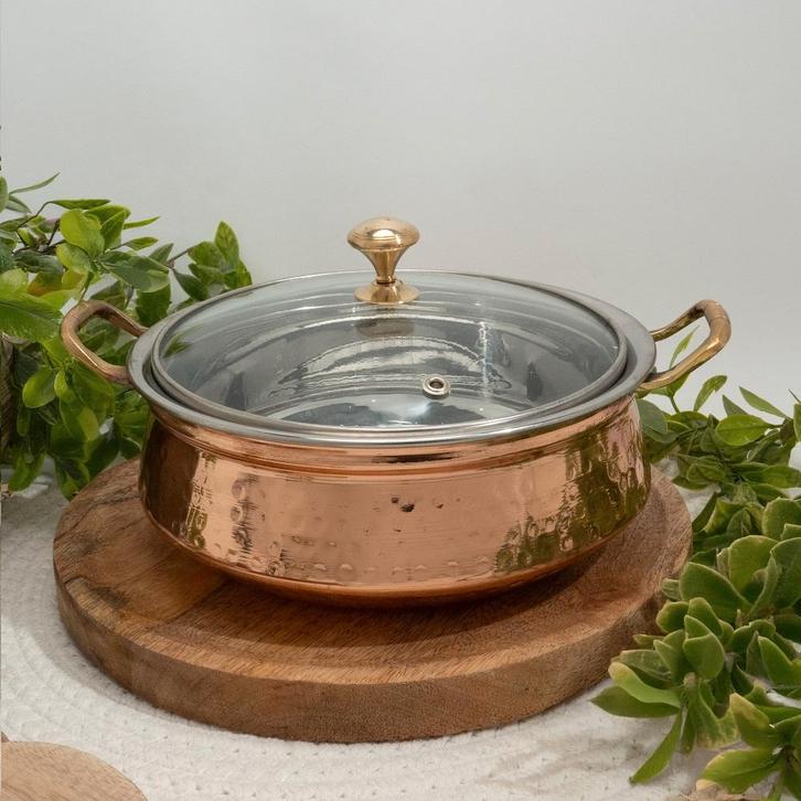 Puur koperen serveerschaal met RVS binnenkant en glazen, Huis en Inrichting, Keuken | Servies, Ophalen of Verzenden