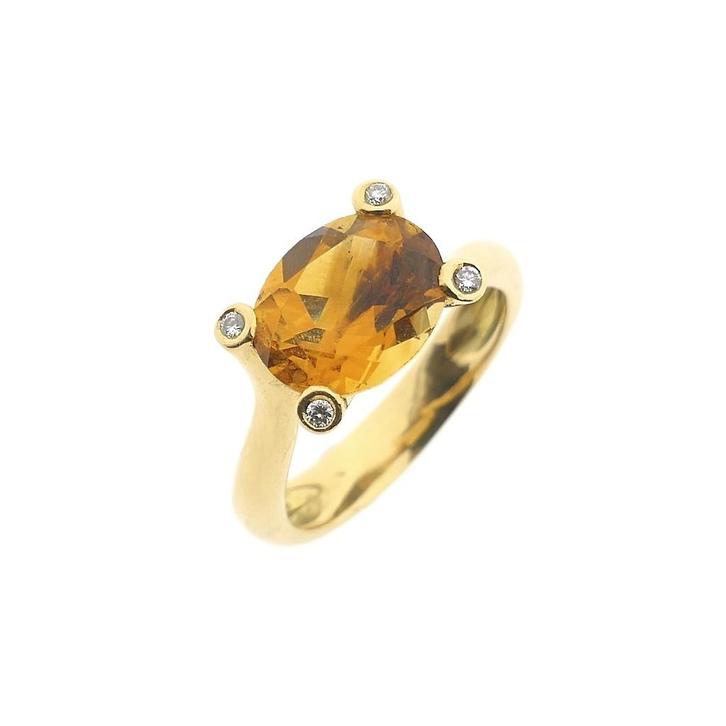 Gouden solitairring met citrien en diamant; 0,08 ct., Sieraden, Tassen en Uiterlijk, Ringen, Dame, Met edelsteen, Overige kleuren