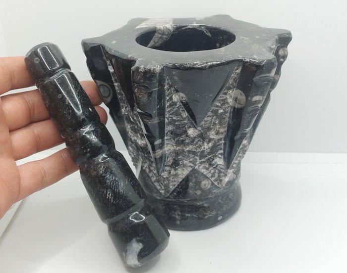 Prachtige belemnieten Handgemaakte vijzel en stamper- 1.97, Verzamelen, Mineralen en Fossielen