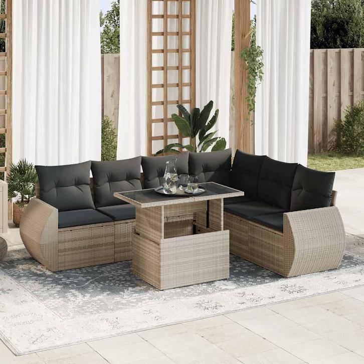 vidaXL 7-delige Loungeset met kussens poly rattan lichtgrijs, Tuin en Terras, Tuinsets en Loungesets, Loungeset, Nieuw, Rotan