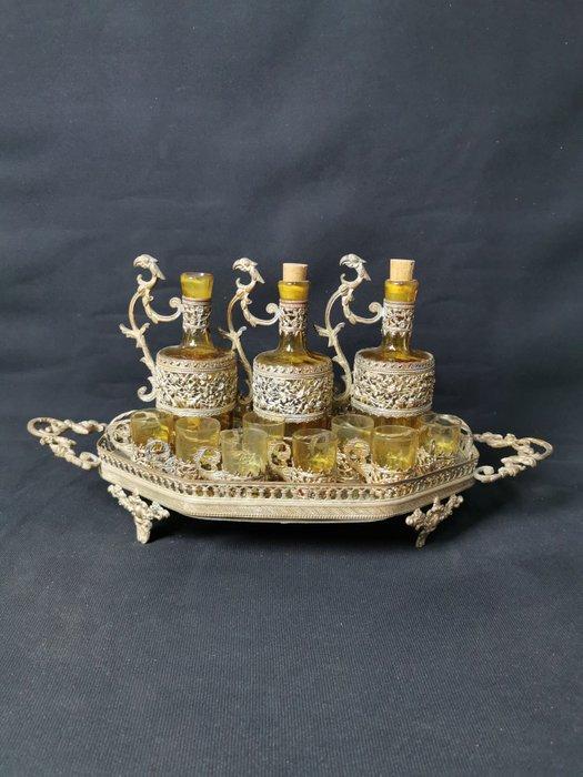 Set di bicchieri in cristallo con vassoio ottone francese, Antiek en Kunst, Antiek | Overige Antiek