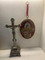 Metalen kruis - Kader van glas met Madonna met Kind - Glas,, Antiek en Kunst, Antiek | Boeken en Bijbels