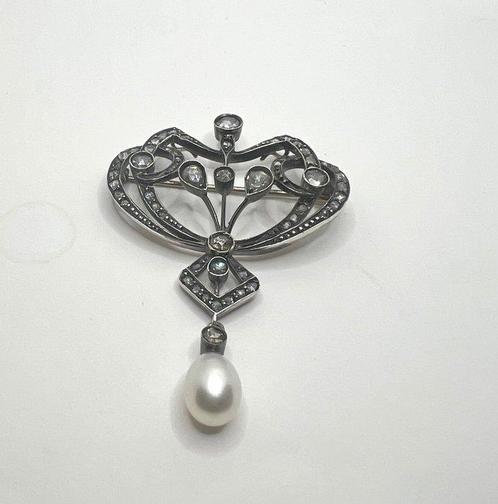 Broche - 14 karaat Geel goud, Zilver Diamant (Natuurlijk), Sieraden, Tassen en Uiterlijk, Antieke sieraden