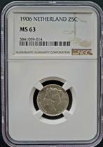 Koningin Wilhelmina 25 cent 1906 MS63 gecertificeerd NGC, Zilver, Losse munt, Verzenden