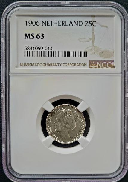 Koningin Wilhelmina 25 cent 1906 MS63 gecertificeerd NGC, Postzegels en Munten, Munten | Nederland, Losse munt, 25 cent, Koningin Wilhelmina