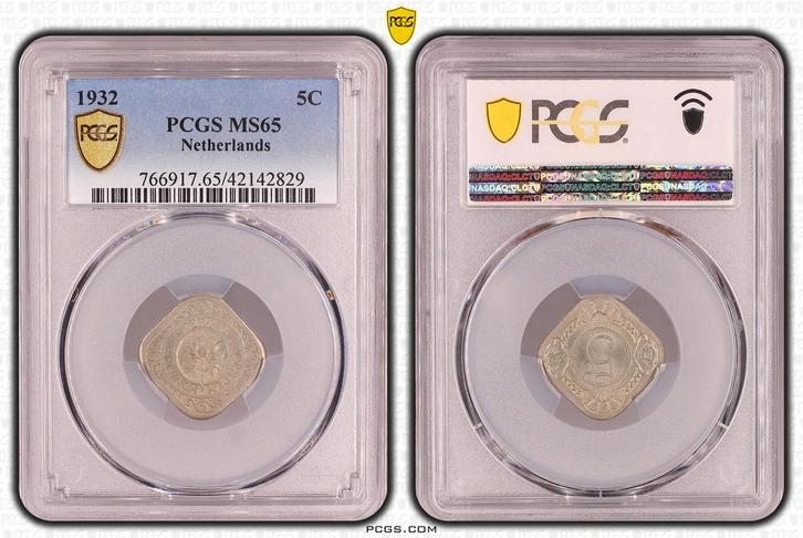 Koningin Wilhelmina 5 cent 1932 MS65 PCGS gecertificeerd, Postzegels en Munten, Munten | Nederland, Losse munt, 5 cent, Koningin Wilhelmina