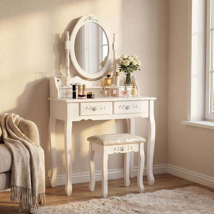 Shabby Chic Kaptafel Spiegel Kruk | Premium | OP=OP, Huis en Inrichting, Bureaus, Met wielen, Nieuw, Bureau, Ophalen of Verzenden