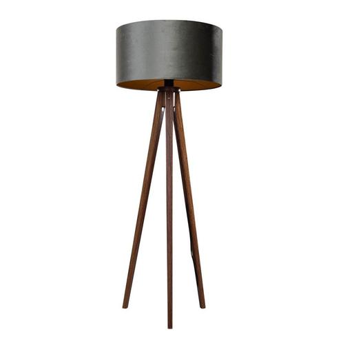 Vloerlamp tripod walnoot hout met velours kap groen 50cm -, Huis en Inrichting, Lampen | Vloerlampen, Nieuw, Overige materialen