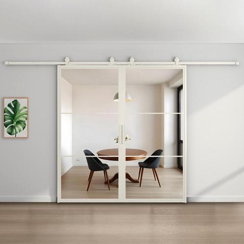 Dubbele stalen schuifdeur - 3 Vlaks - Wit - Helder glas, Doe-het-zelf en Verbouw, Kozijnen en Schuifpuien, Inclusief glas, Nieuw