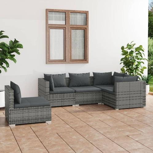 vidaXL 5-delige Loungeset met kussens poly rattan grijs, Tuin en Terras, Tuinsets en Loungesets, Loungeset, Nieuw, Rotan, Verzenden