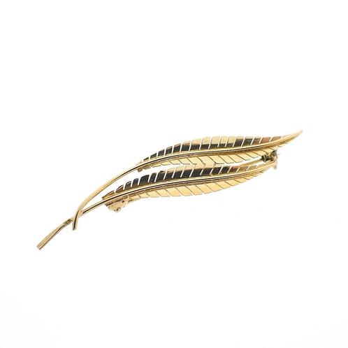 Gouden broche van twee veren (veren broche, veer broche), Sieraden, Tassen en Uiterlijk, Broches, Overige kleuren, Gebruikt, Goud