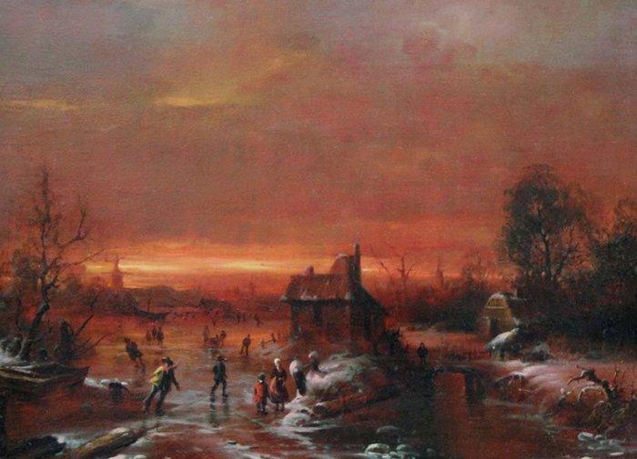 Nederlandse school (XX) - Classical Dutch landscape with ice, Antiek en Kunst, Kunst | Schilderijen | Klassiek