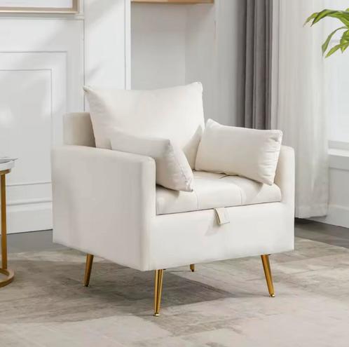 Fluwelen Fauteuil – Opbergruimte - Gouden Poten + Kussens, Huis en Inrichting, Stoelen, Eén, Wit, Nieuw, Metaal, Stof, Verzenden