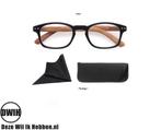 Leesbril op sterkte, houtlook pootjes, zwart frame, Nieuw