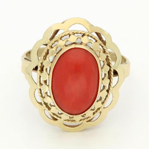 Ring - 14 karaat Geel goud Bloedkoraal, Sieraden, Tassen en Uiterlijk, Ringen