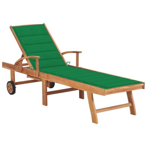 vidaXL Ligbed met groen kussen massief teakhout, Tuin en Terras, Ligbedden, Nieuw, Verzenden