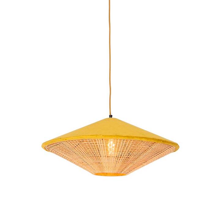 Landelijke hanglamp geel velours met rotan 60cm - Frills Can, Huis en Inrichting, Lampen | Hanglampen, Nieuw, Stof, Verzenden