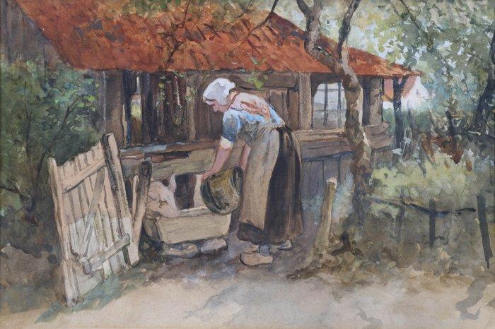 Willem Hendrik van der Nat (1864–1929) - Varkens voeren, Antiek en Kunst, Kunst | Schilderijen | Klassiek