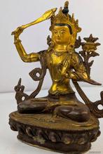 Mooi oud beeld Manjushri zittend op lotustroon - Brons /