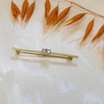 Gouden broche met zirconia (veer broche, parel), Sieraden, Tassen en Uiterlijk, Broches, Gebruikt, Overige kleuren, Ophalen of Verzenden
