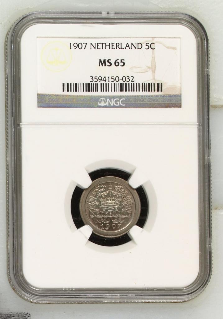 Koningin Wilhelmina 5 cent 1907 MS65 NGC gecertificeerd, Postzegels en Munten, Munten | Nederland, Losse munt, 5 cent, Koningin Wilhelmina