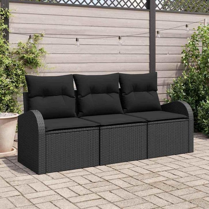 vidaXL Tuin Sofa Set met kussen 3 pcs Zwart Poly riet, Tuin en Terras, Tuinsets en Loungesets, Nieuw, Rotan, Verzenden
