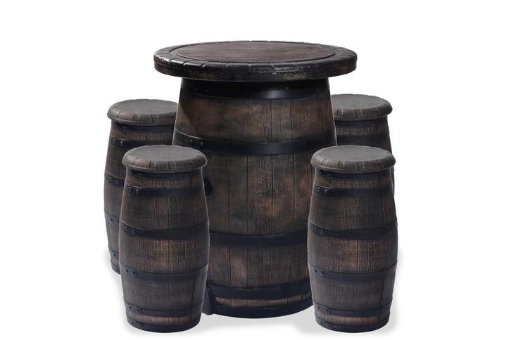Barrel-set – 1 wijnvat-statafel + 4 barkrukken | Houtlook, Huis en Inrichting, Barkrukken, Kunststof, Ophalen of Verzenden